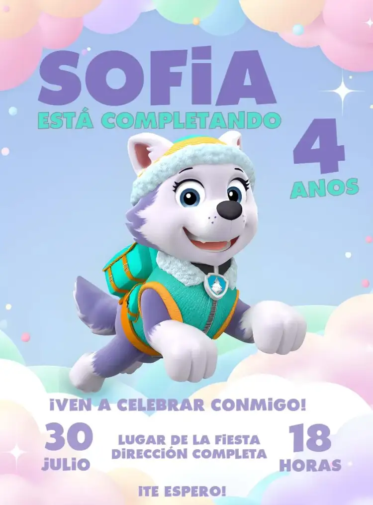 Invitación Everest Patrulla Canina Cachorra – tema Cumpleaños Infantil divertido, colorido, temático, femenino, infantil