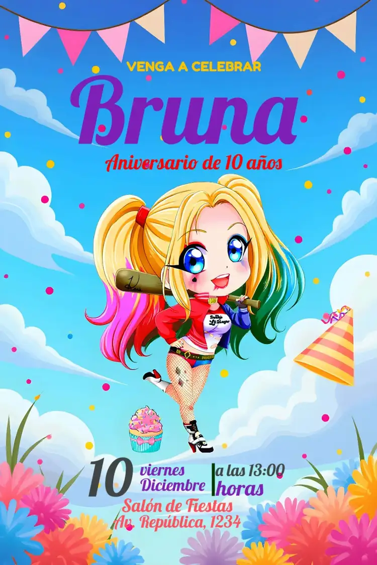 Invitación Arlequina Infantil – tema Cumpleaños Infantil colorido, divertido, moderno, temático, jovial