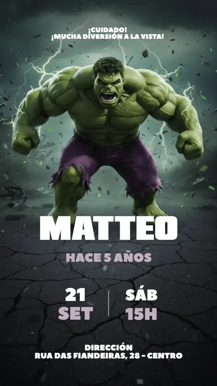 Invitación Invitación Digital El Increíble Hulk – tema Cumpleaños Infantil verde, negro, morado, superhéroes, Marvel, cómics