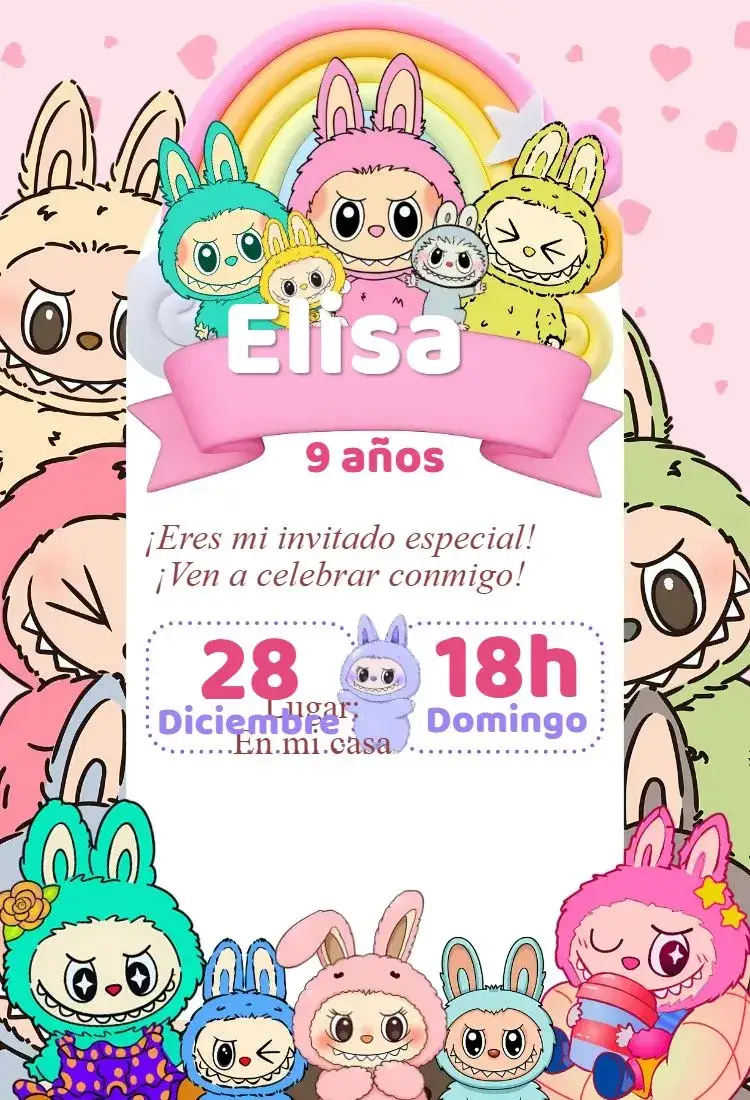 Invitación Invitación digital labubu – tema Cumpleaños kawaii, colorido, fofo, moderno, delicado