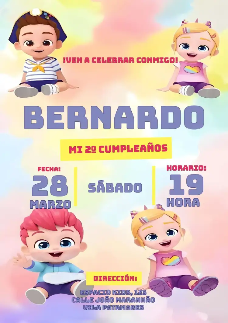 Invitación Bebefinn Baby Kids – tema Cumpleaños Infantil colorido, lúdico, divertido, temático, moderno