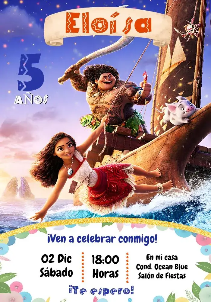 Invitación Moana Colorido – tema Más buscados colorido, temático, marino, tropical, aventura, infantil