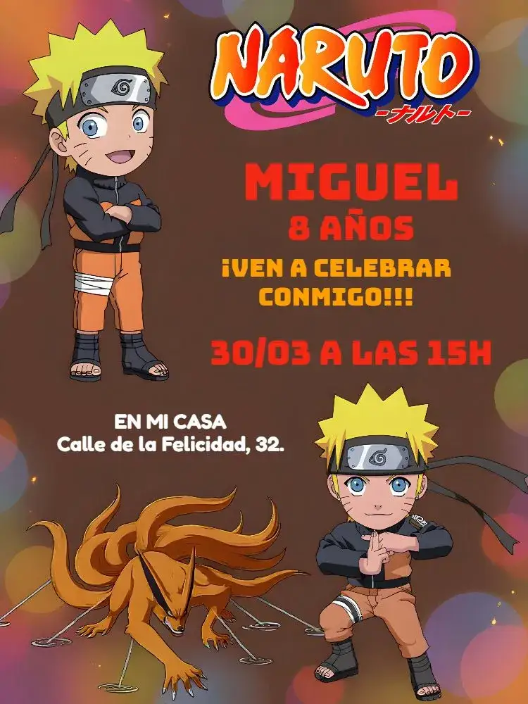 Invitación Naruto Animado – tema Cumpleaños Infantil ninja, anime, colorido, vibrante, aventura, moderno