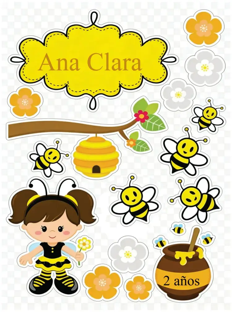 Invitación Abejita – tema Topper de torta colores vibrantes, ilustraciones de abejas, diseño lúdico, elementos naturales, estilo alegre, temática de naturaleza