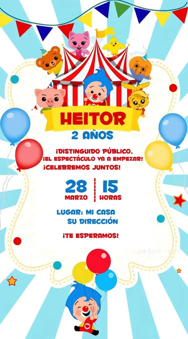 Invitación Plim Plim 2 – tema Cumpleaños colorido, divertido, infantil, payaso, juguetón