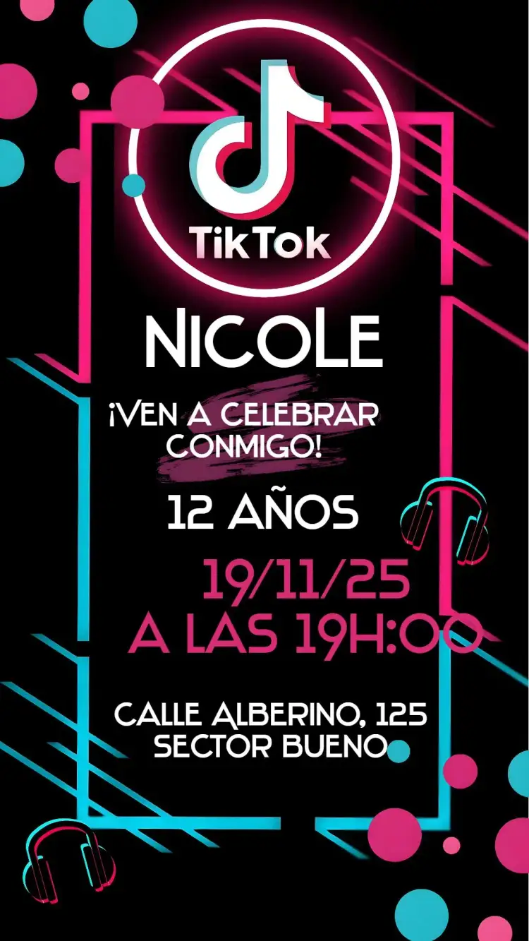 Invitación Tik Tok – tema Cumpleaños colorido, moderno, joven, divertido, temático
