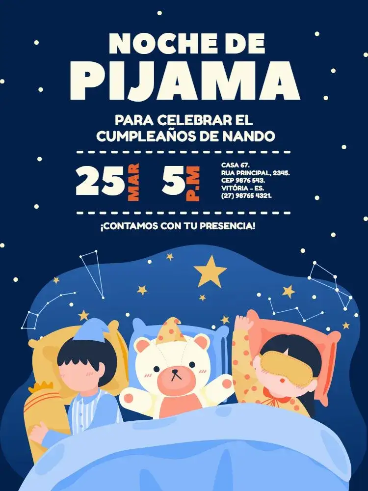 Invitación Fiesta De Pijama Juguete – tema Cumpleaños Infantil colorido, divertido, lúdico, noche estrellada, juguetes, pijama