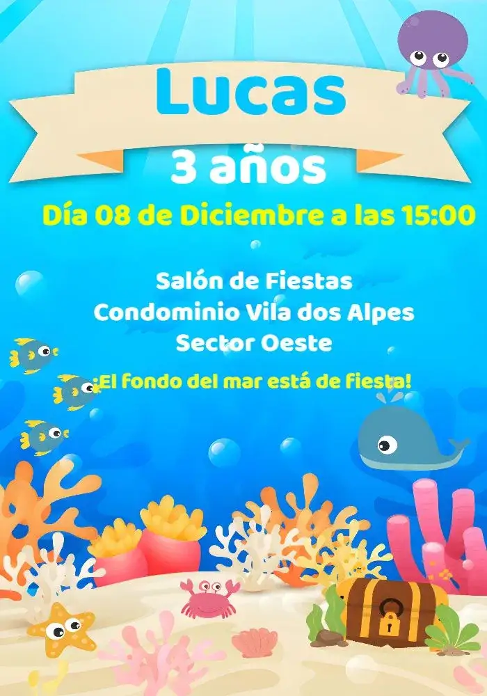 Invitación Fondo Del Mar Colorido – tema Cumpleaños Infantil colorido, marino, divertido, temático, infantil, nuevo