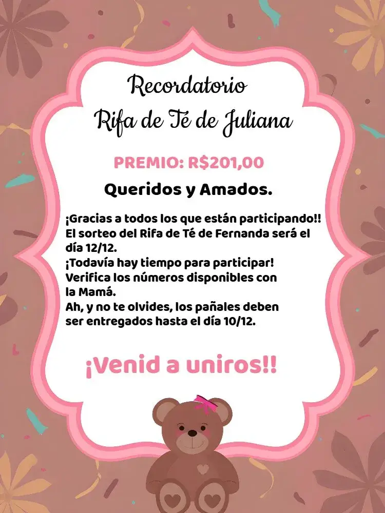 Invitación Recordatorio De Baby Shower Rifa Osita Pañales editable y personalizable