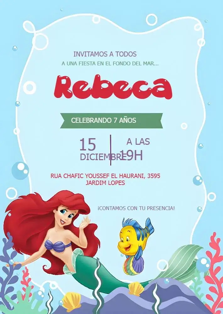 Invitación Ariel La Sirenita – tema Cumpleaños Infantil fondo marino, colorido, lúdico, fantasía, marino, divertido