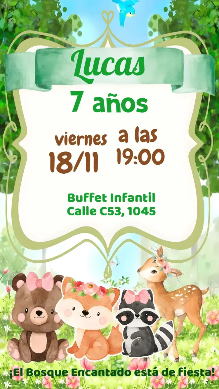 Invitación Bosque Encantado – tema Cumpleaños Infantil natural, colorido, fantasía, lúdico, vintage, ilustraciones