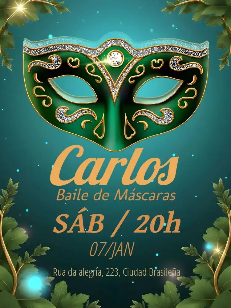 Invitación Carnaval Máscara – tema Fechas Conmemorativas carnavalesco, dorado, elegante, colorido, moderno