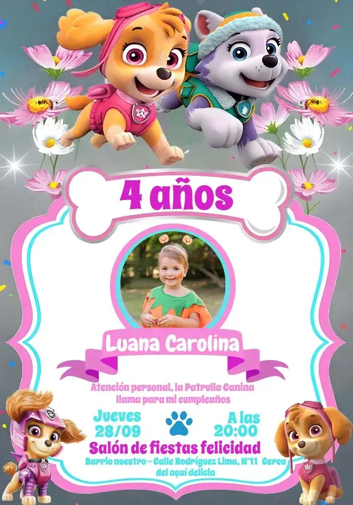 Invitación Patrulla Canina Con Foto Rosa – tema Cumpleaños Infantil rosa, azul, blanco, divertido, infantil, temático