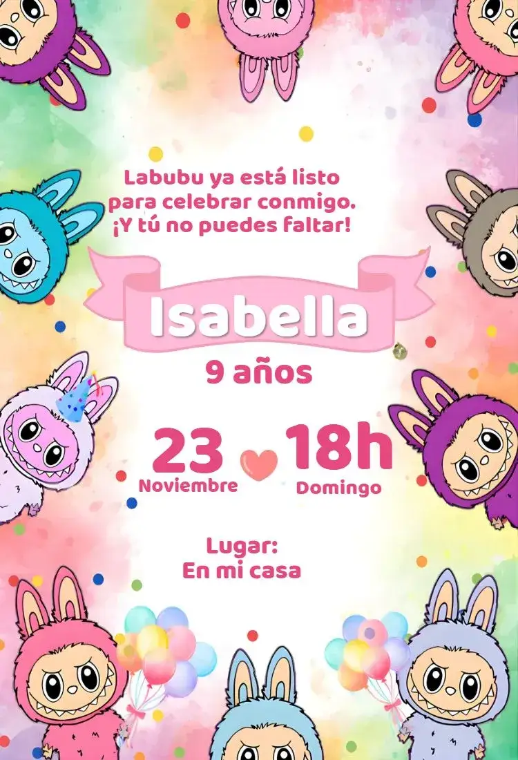Invitación Invitación digital labubu candy color – tema Cumpleaños candy color, kawaii, pastel, delicado, moderno, lindo