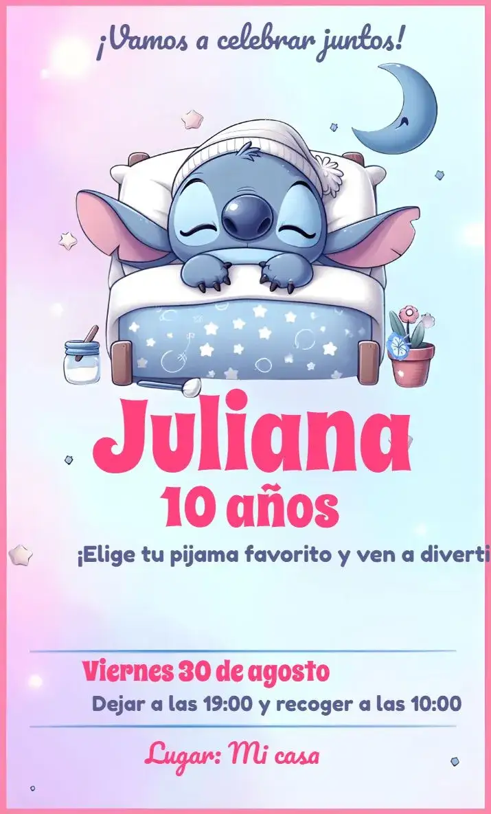 Invitación Fiesta Pijama Stitch Niña – tema Más buscados morado, lila, rosa, temático, divertido, infantil