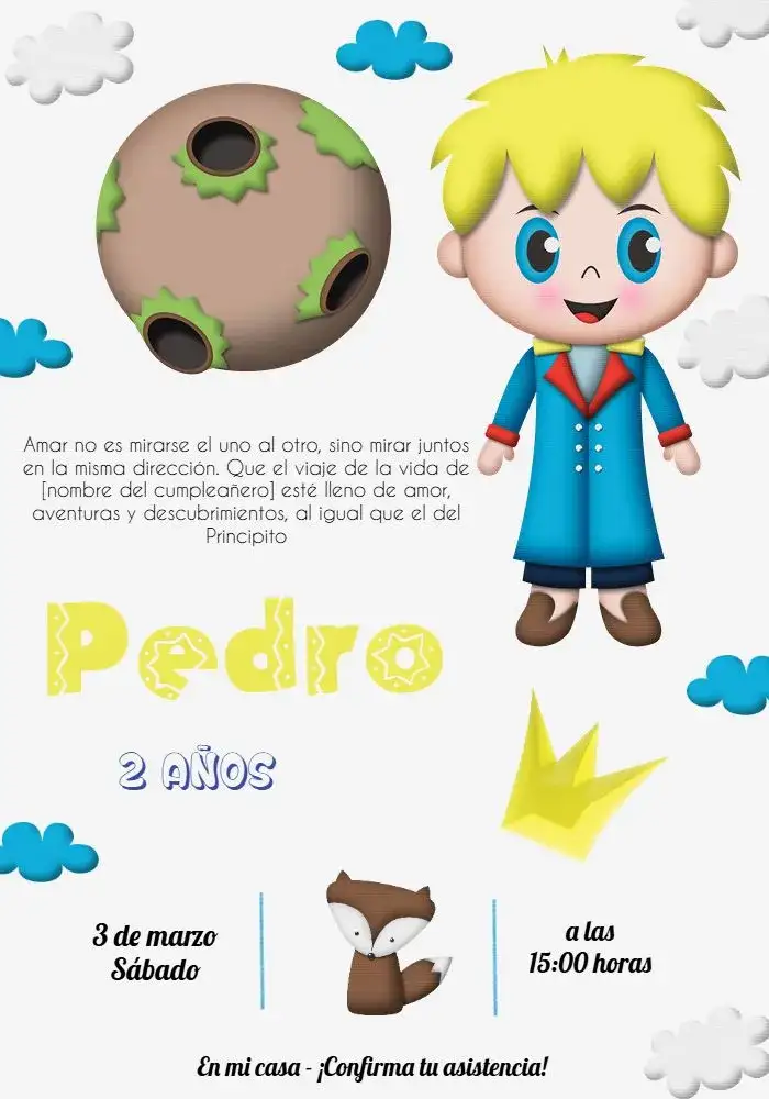 Invitación El Principito Animado – tema Fechas Conmemorativas colorido, infantil, ilustraciones de cuentos, estilo lúdico, fondo claro, elementos de fantasía
