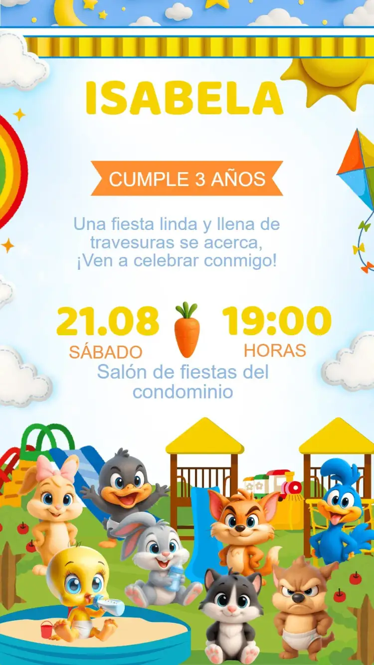 Invitación Invitación Cumpleaños Baby Looney Tunes – tema Cumpleaños Infantil colorido, lúdico, divertido, infantil, temático, animado