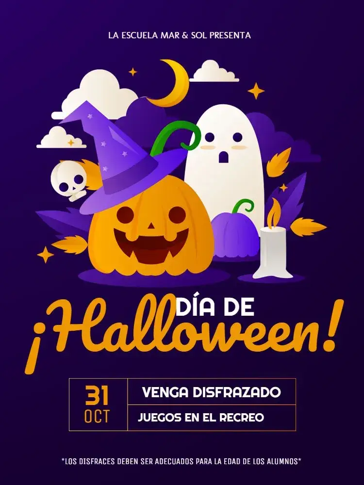 Invitación Halloween Infantil Luna – tema Cumpleaños Infantil oscuro, púrpura, lúdico, fantasioso, mágico