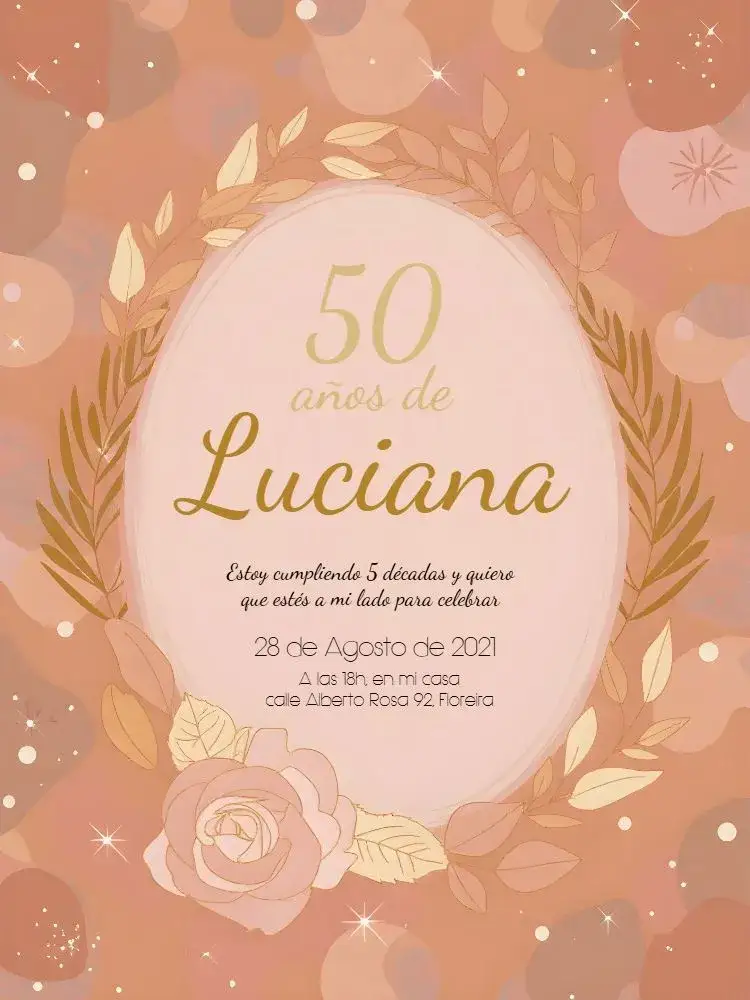 Invitación 50 Años Floral Follaje – tema 15 años floral, dorado, rosa, moderno, elegante, natural