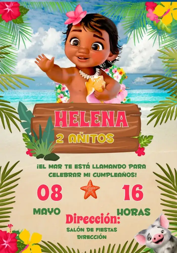 Invitación Moana Baby Verde – tema Más buscados tropical, floral, Disney, colorido, aventura, infantil