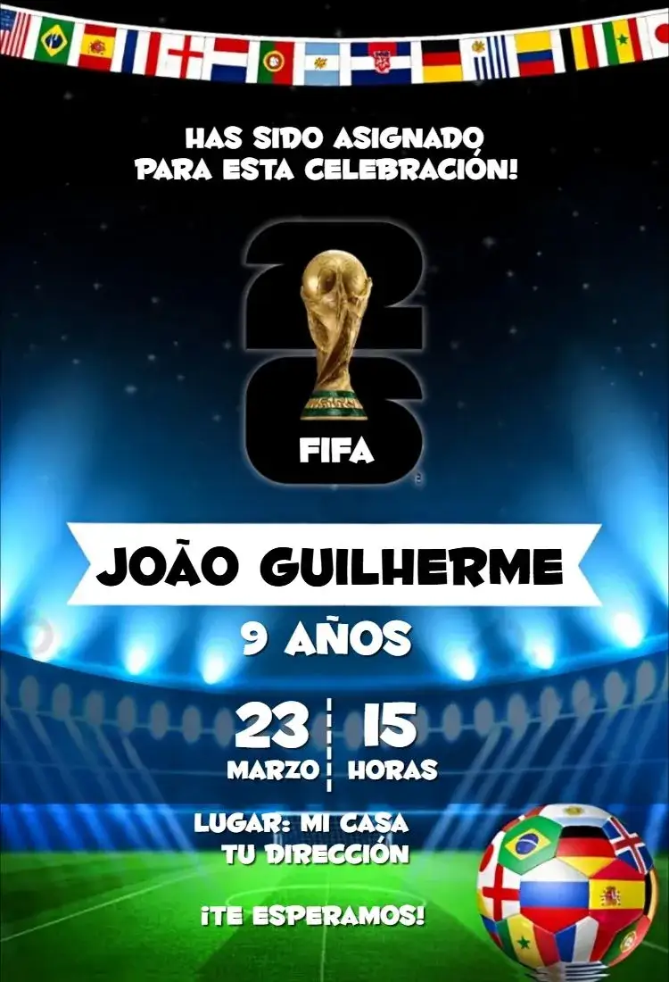 Invitación Copa del mundo 4 – tema Cumpleaños fútbol, vibrante, colorido, moderno, juvenil, temático