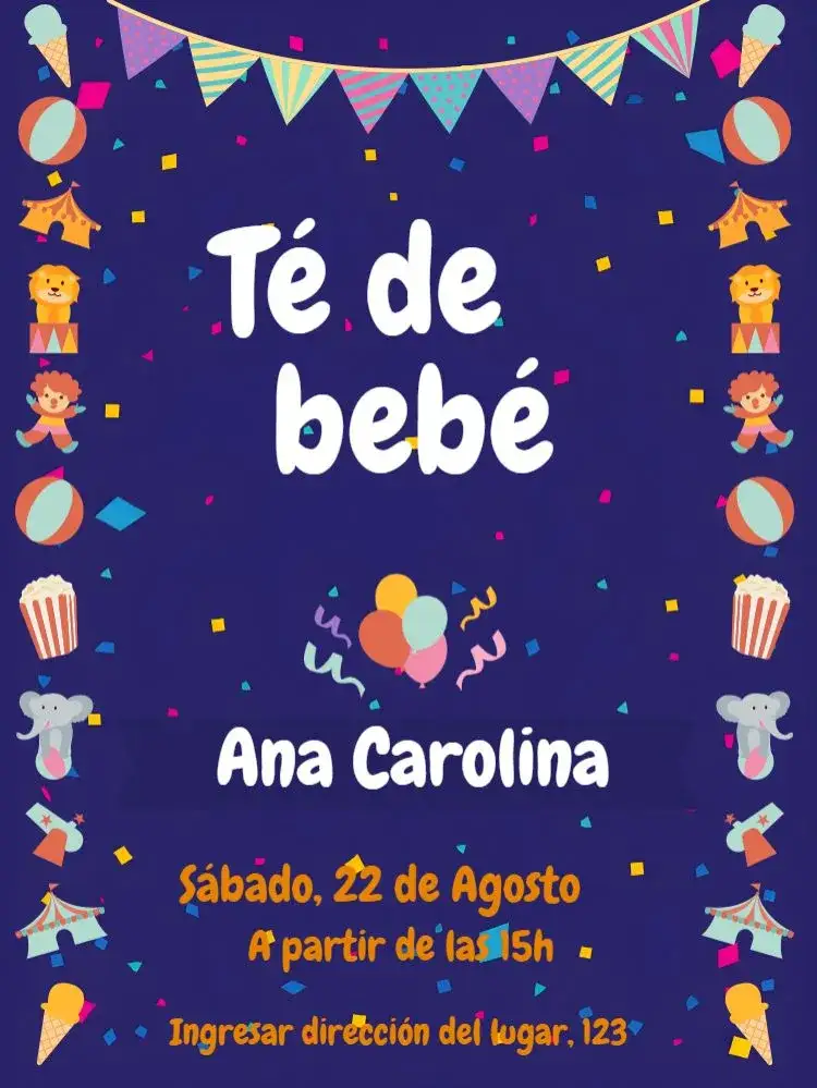 Invitación Baby Shower Circo - Azul Vintage – tema Baby Shower circo, vintage, azul, lúdico, divertido, elegante