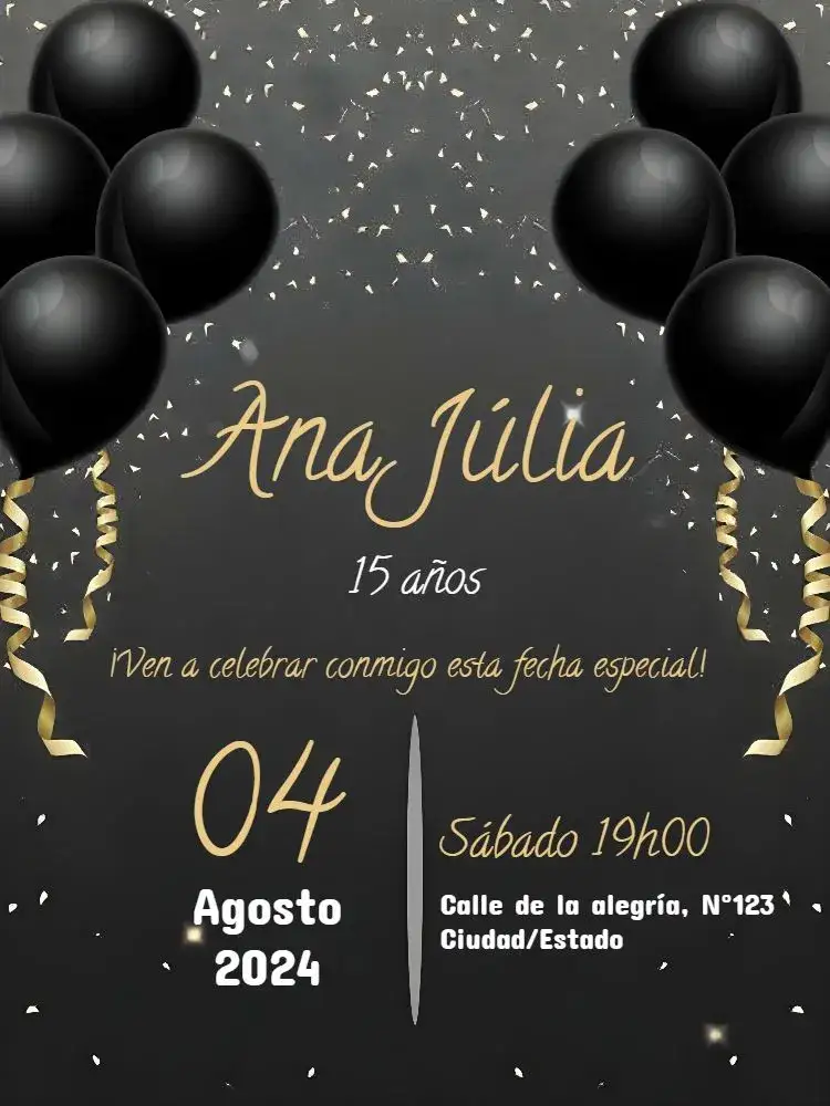 Invitación Globos Todo Negro – tema 15 años elegante, moderno, minimalista, negro, globos, chic