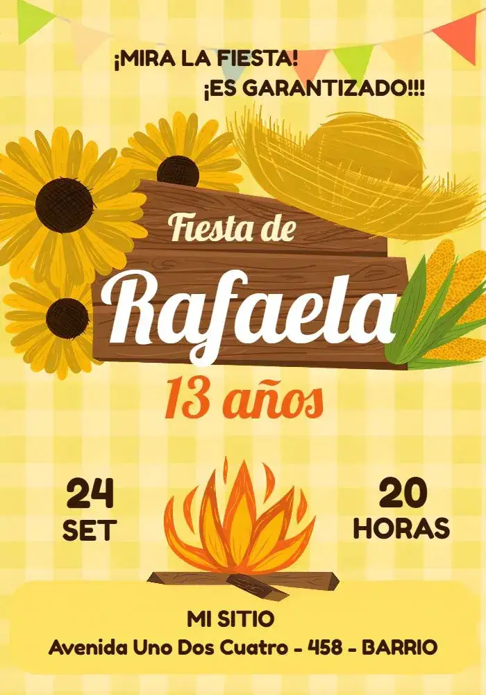 Invitación Caipira Maíz Y Girasol Adulto – tema Cumpleaños campestre, vintage, colorido, rústico, alegre, festivo