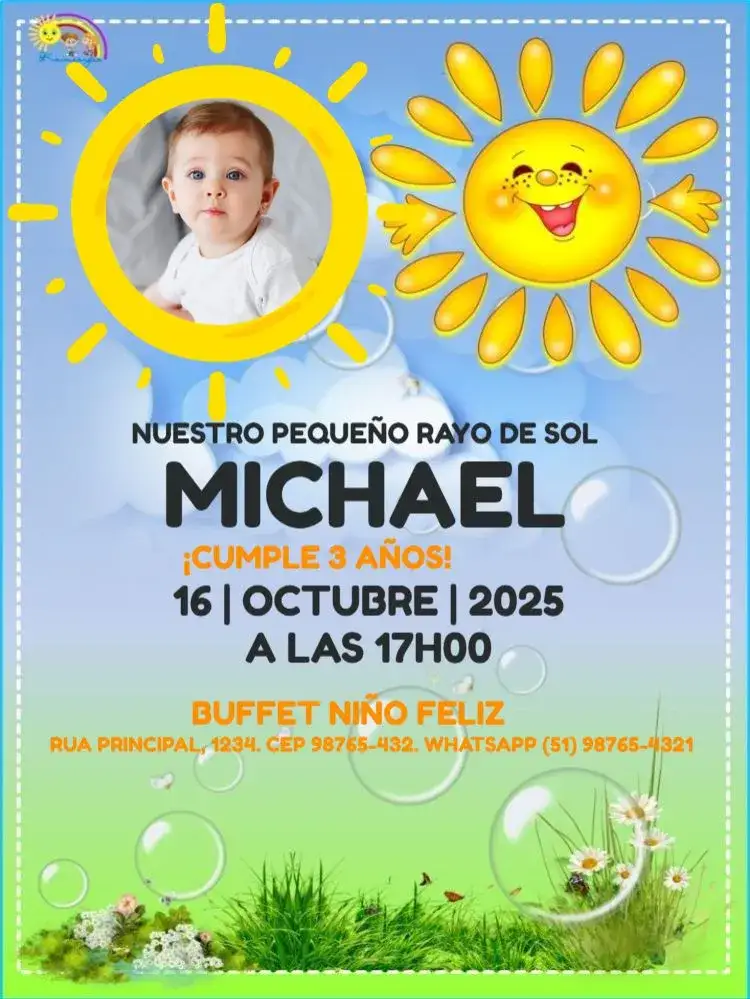 Invitación Sol Con Foto Azul Lúdico – tema Cumpleaños Infantil lúdico, azul, brillo del sol, divertido, infantil, fotográfico