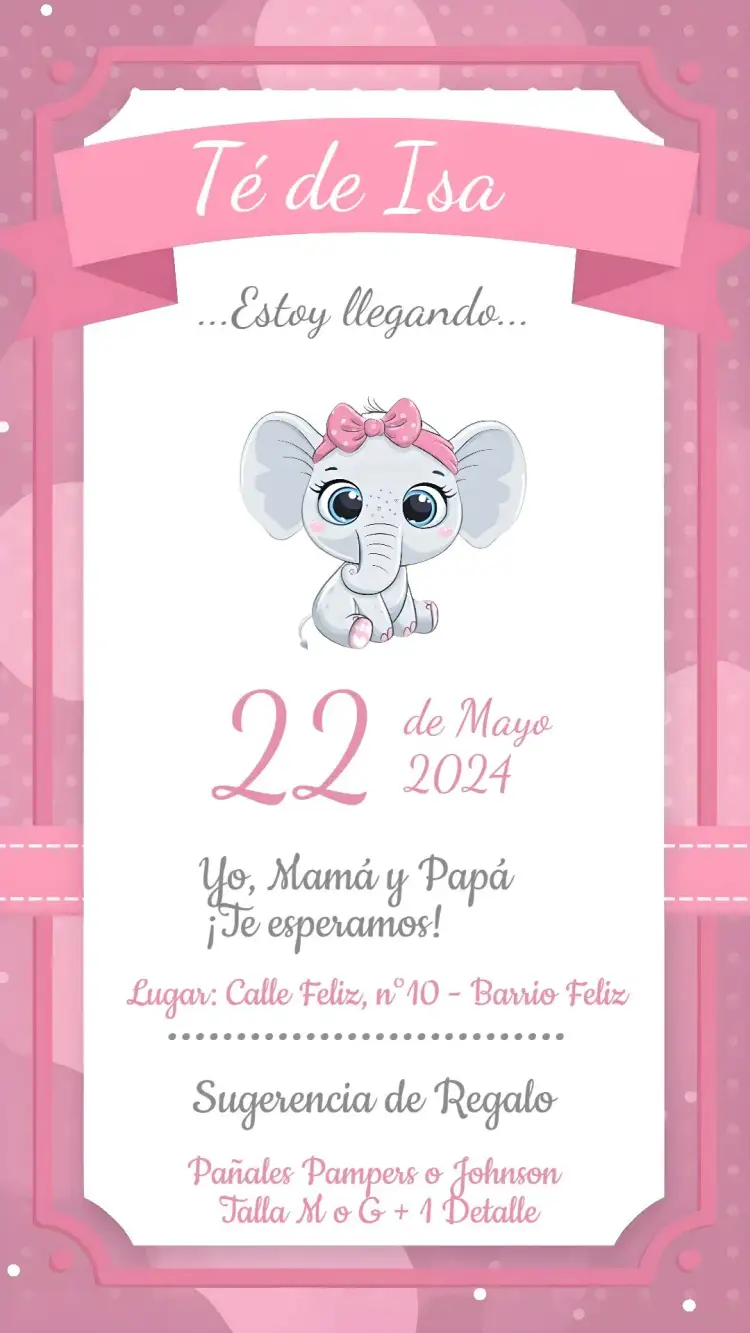 Invitación Baby Shower Elefantito Delicado – tema Baby Shower delicado, rosa, infantil, animalzinho, fofo, minimalista