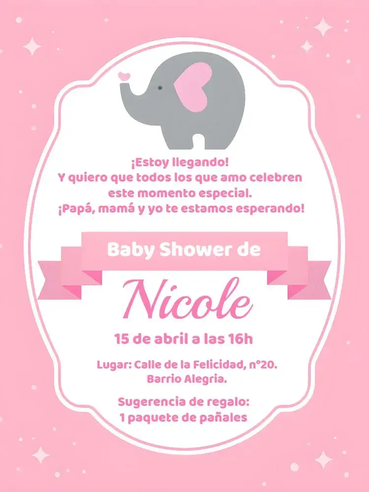 Invitación Baby Shower Elefantita Blanca – tema Despedida de Soltera delicado, suave, infantil, colorido, moderno, lúdico