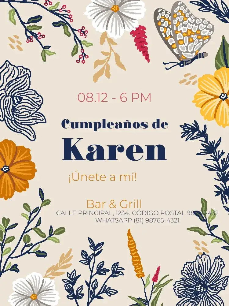 Invitación Femenino Adulto Floral Colorido Delicado – tema Cumpleaños Infantil floral, colorido, delicado, femenino, vibrante