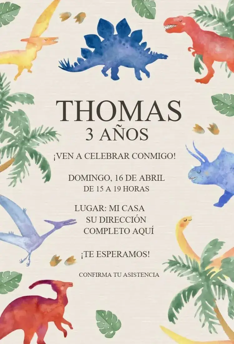 Invitación Dinosaurio 1 – tema Cumpleaños acuarela, colorido, infantil, lúdico, divertido