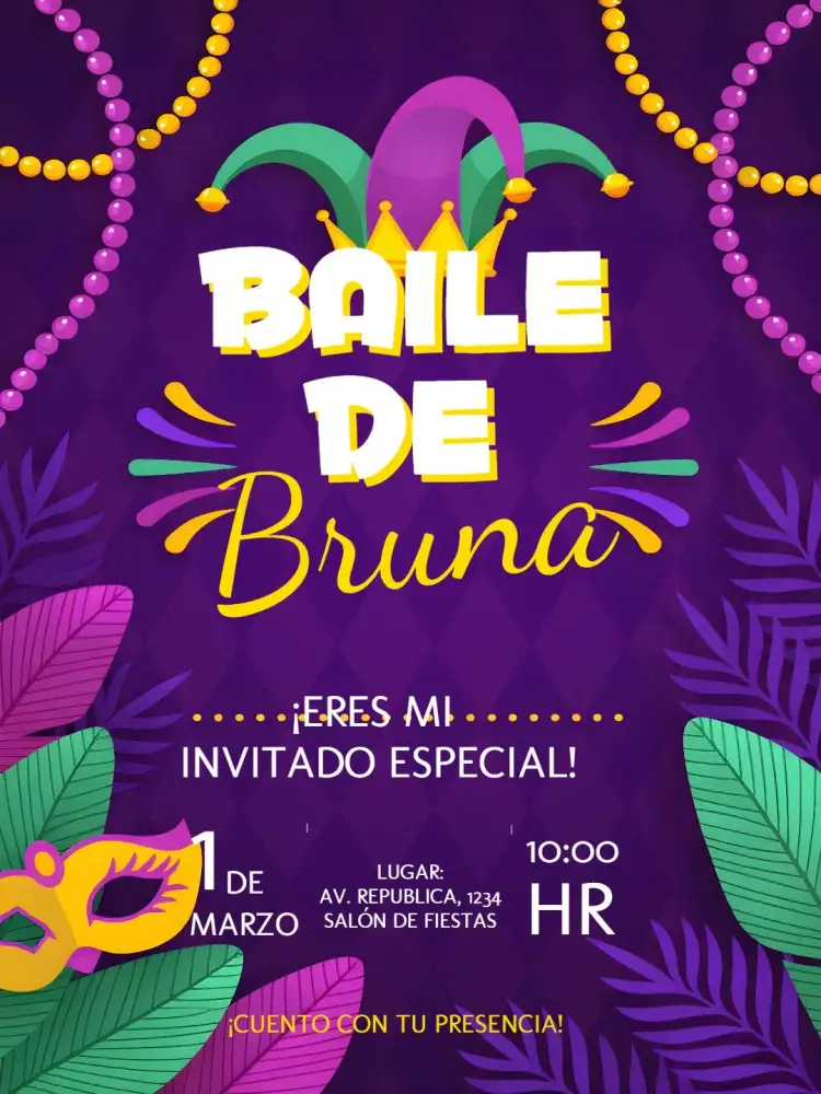 Invitación Baile de Carnaval Bailinho – tema Fechas Conmemorativas colorido, divertido, temático, vibrante, festivo