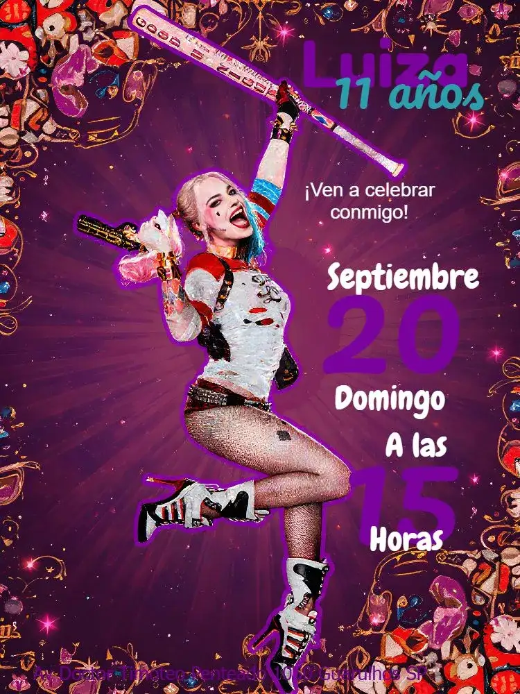 Invitación Arlequina Dirección – tema Cumpleaños Infantil temático, colorido, divertido, jovial, moderno