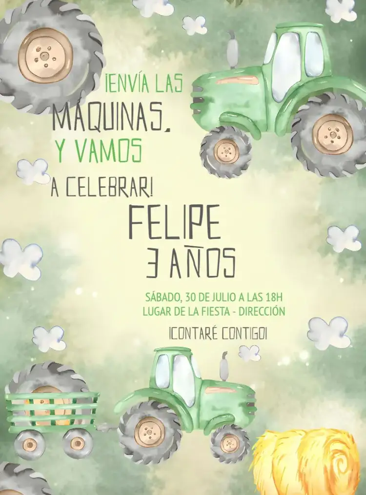 Invitación Tractor Verde – tema Más buscados verde vibrante, amarillo alegre, elementos de la selva, camión, naturaleza, aventura