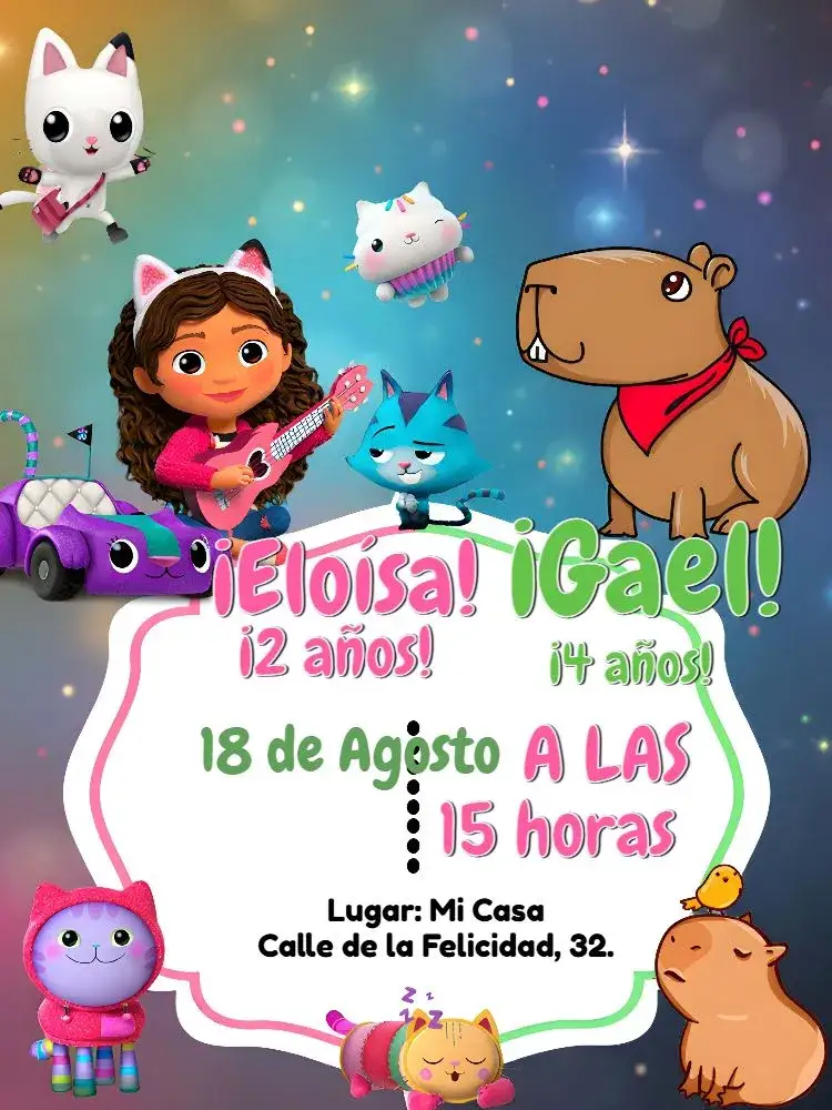Invitación Doble La Casa Mágica De Gabby Y Capivara Capibara – tema Cumpleaños Infantil mágico, colorido, fantasía, divertido, aventura, naturaleza