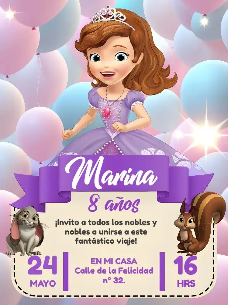 Invitación Princesa Sofia Disney Rabbit – tema Más buscados morado, infantil, de fantasía, de Disney, colorido