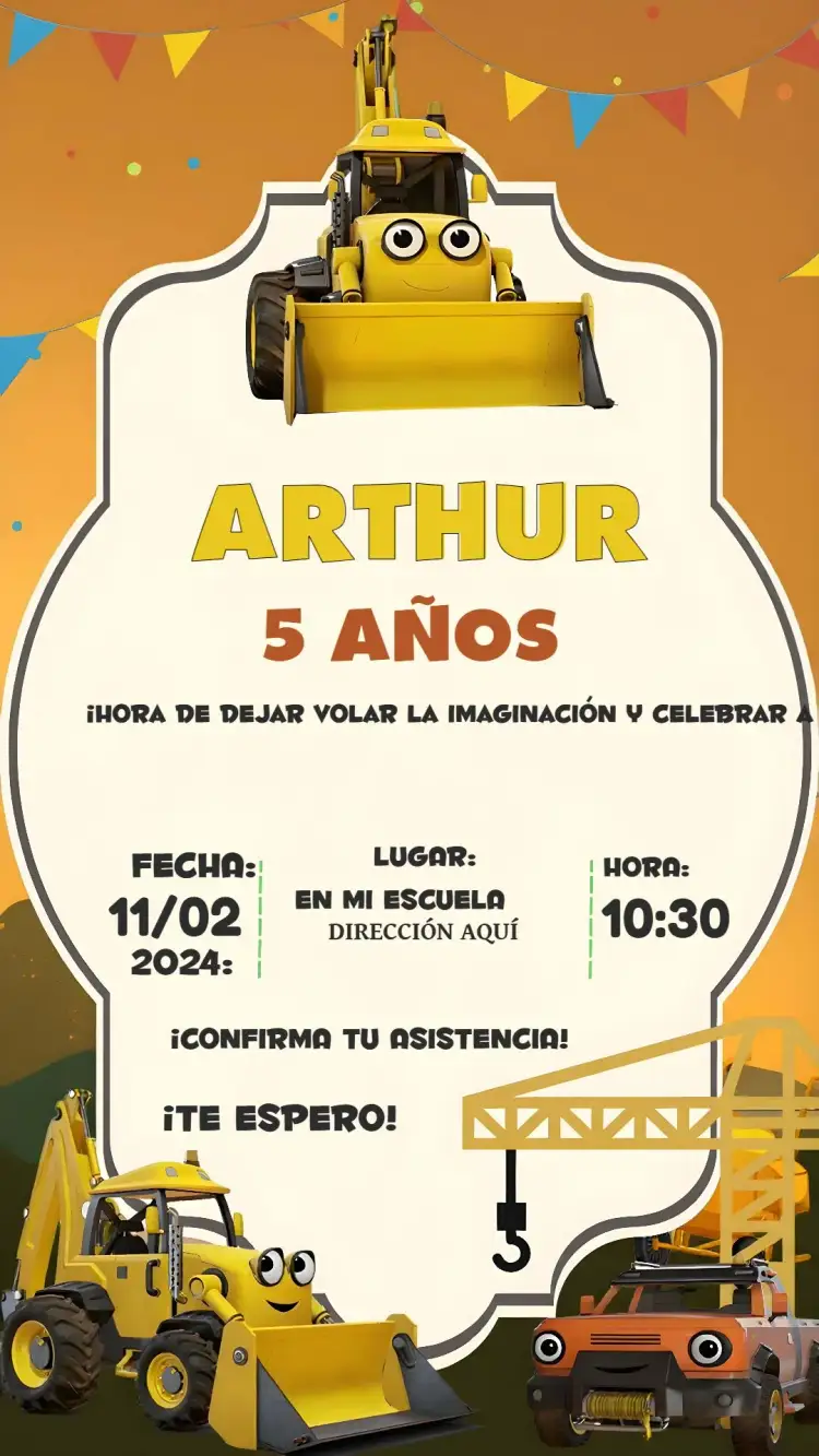 Invitación Construcción Tractor – tema Té Rifa temática de construcción, ilustraciones de tractores, colores vibrantes, estilo divertido, elementos gráficos de fiesta, diseño alegre y animado