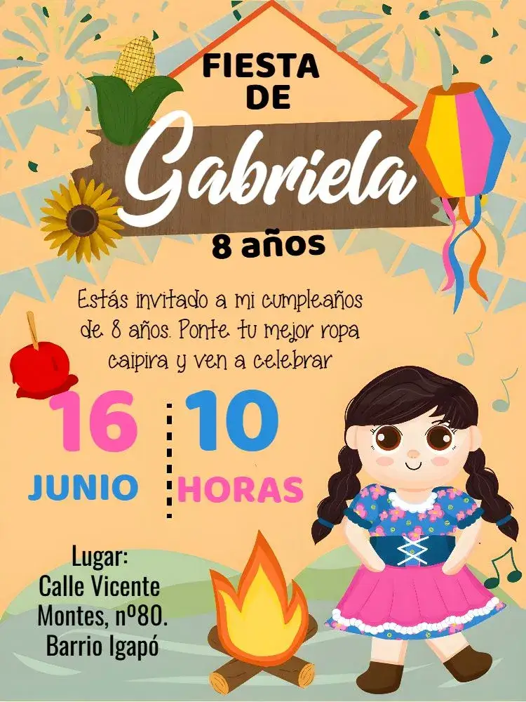 Invitación Fiesta Junina Arraiá Milho – tema Fechas Conmemorativas colorido, festivo, tradicional, vibrante, rústico, alegre