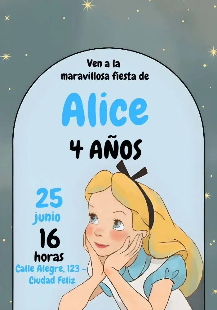 Invitación Alicia En El País De Las Maravillas Azul – tema Fechas Conmemorativas azul, blanco, temática, mágico, divertido, infantil