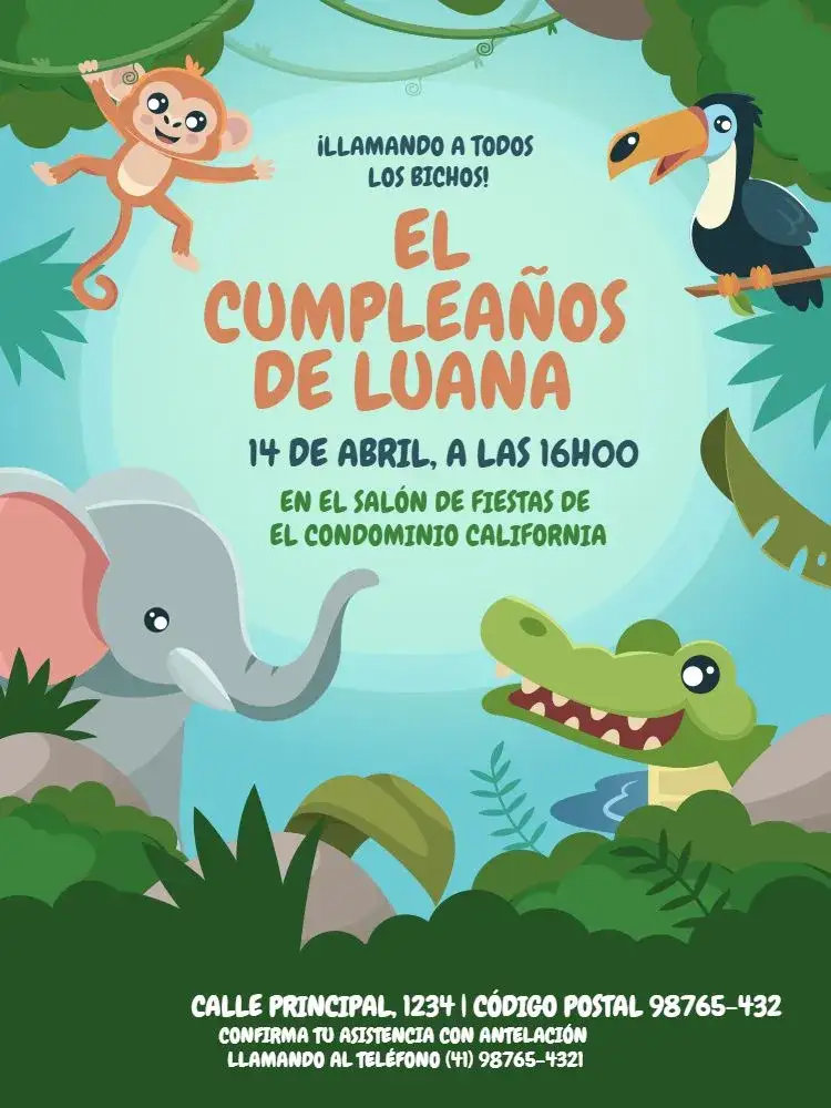 Invitación Safari Azul Crocodilo – tema Cumpleaños Infantil lúdico, naturaleza, colorido, divertido, tropical
