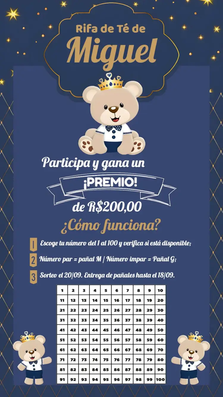 Invitación Té Rifa Osito Príncipe Oso