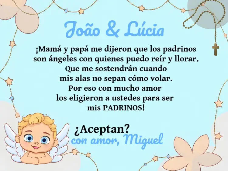 Invitación Padrinos De Bautismo Angelito Azul – tema Bautismo angelito, azul, blanco, religioso, infantil, celestial