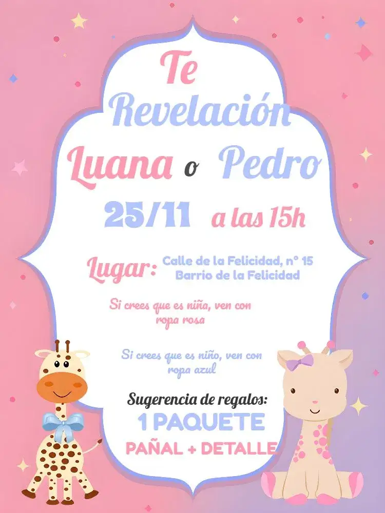 Invitación Baby Shower Jirafa Azul – tema Revelación Bebé azul, blanco, ilustración de jirafa, divertido, moderno