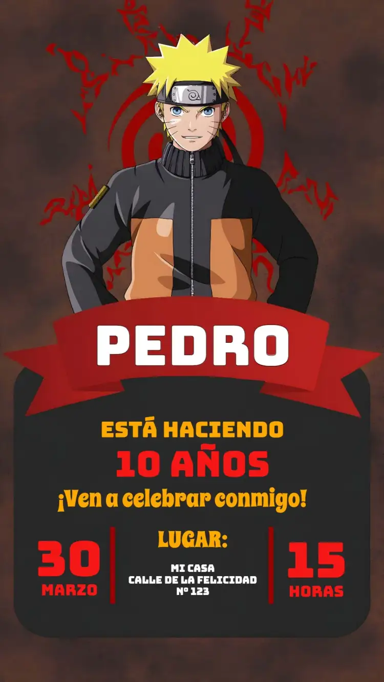 Invitación Naruto 9 – tema Cumpleaños Infantil rojo, negro, anime, ninja, aventura, diversión