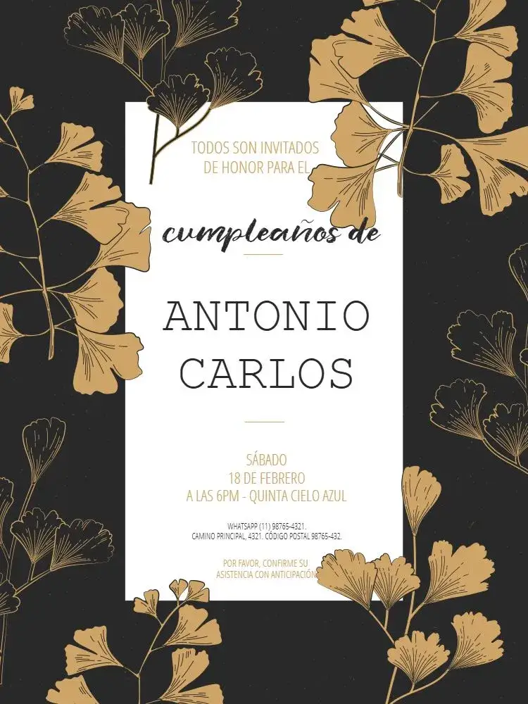 Invitación Dorado Elegante Virtual – tema Cumpleaños Infantil dorado, floral, moderno, clásico, oscuro, elegante