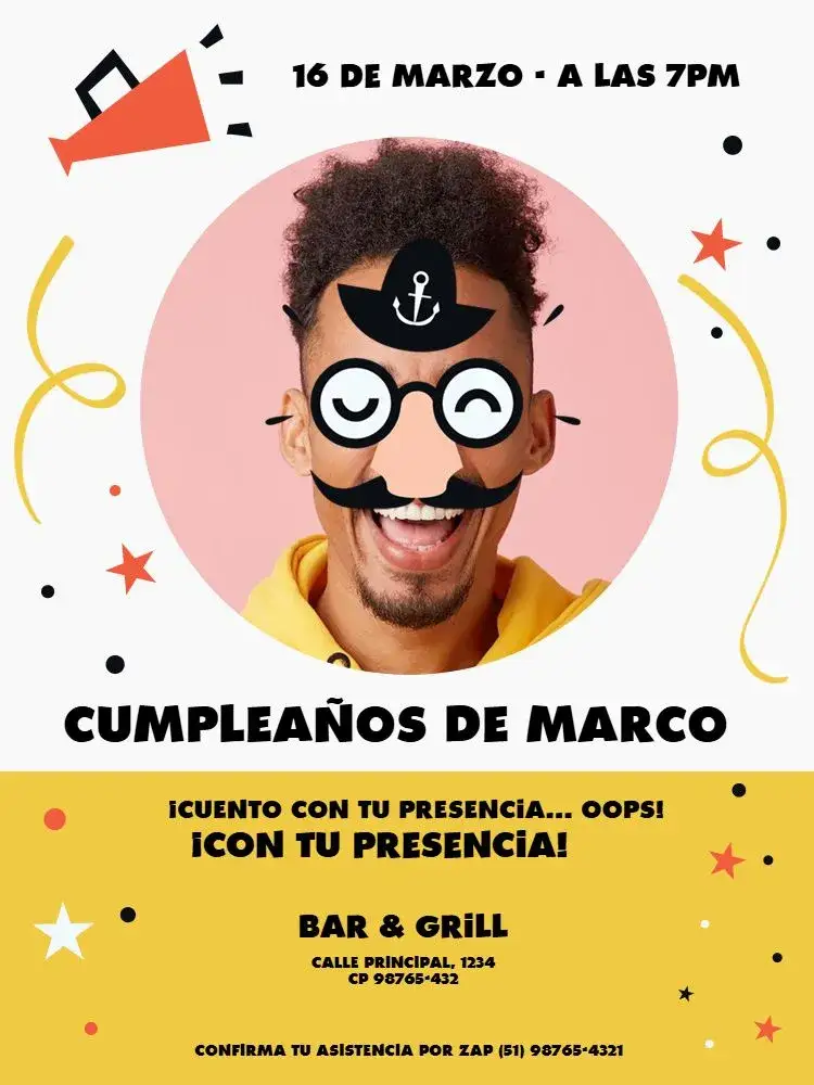 Invitación Divertido Amarillo Infantil – tema Cumpleaños Infantil colorido, divertido, lúdico, alegre, moderno