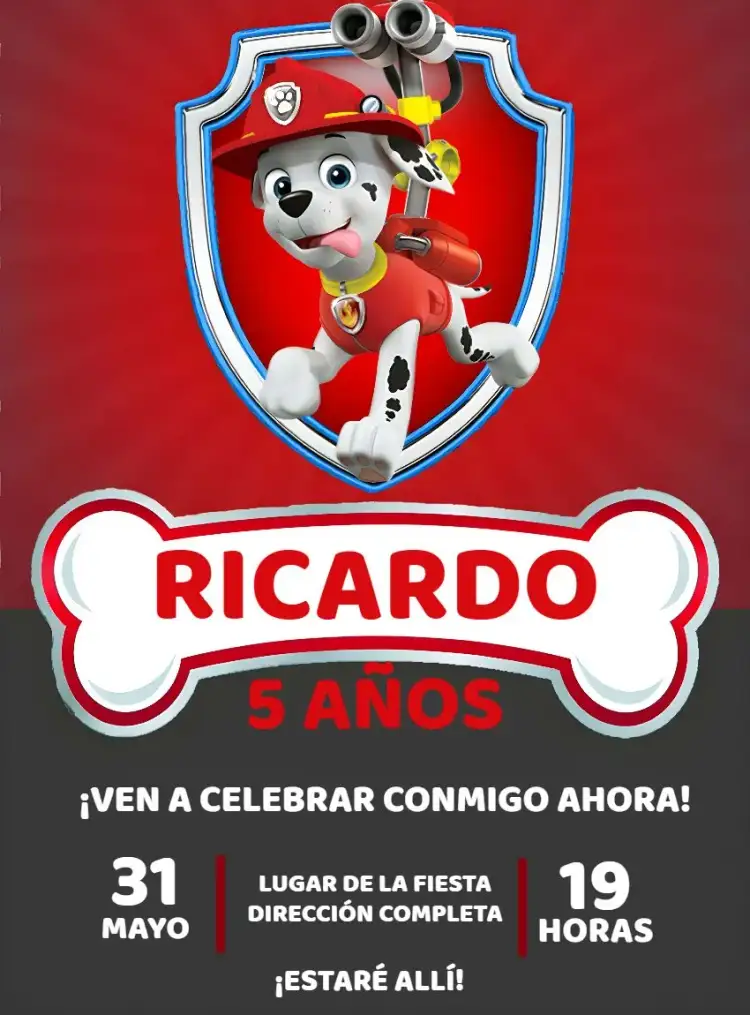 Invitación Patrulla Canina Marshall Patrol – tema Cumpleaños Infantil rojo, gris, blanco, temática infantil, animales, aventura
