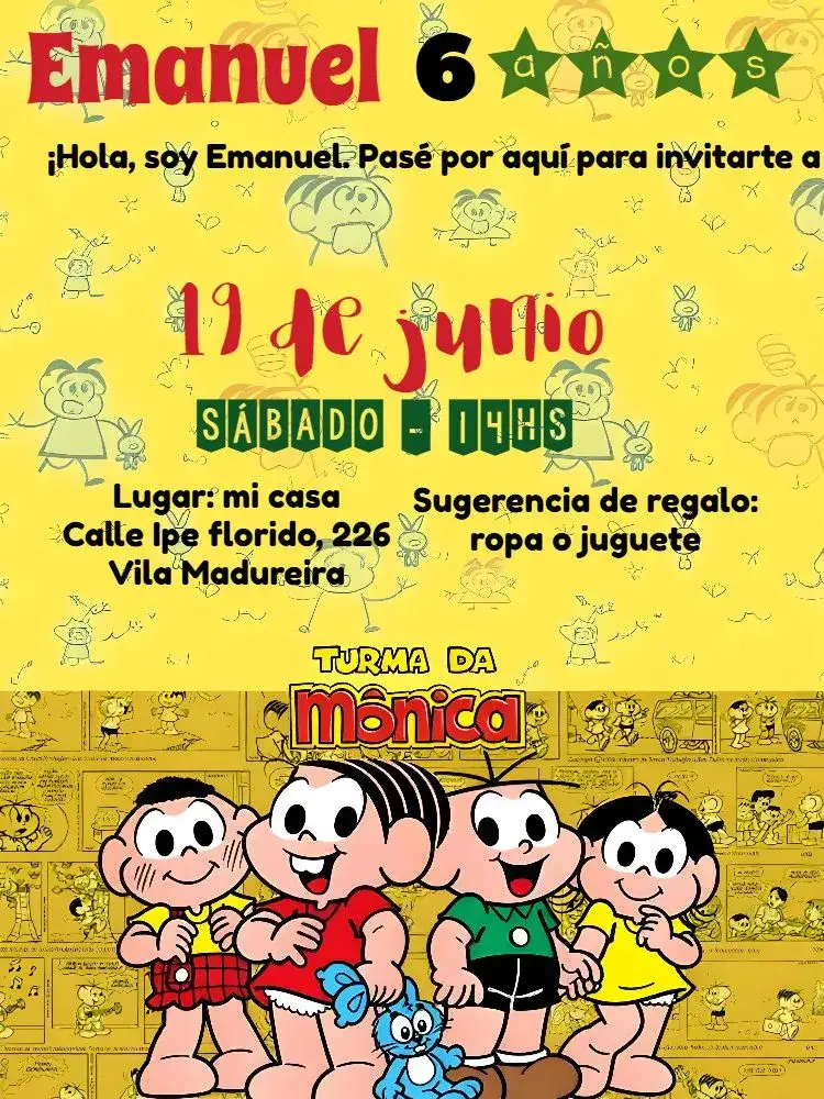 Invitación Turma De La Mónica Cascão – tema Cumpleaños Infantil colorido, infantil, divertido, temático, vibrante
